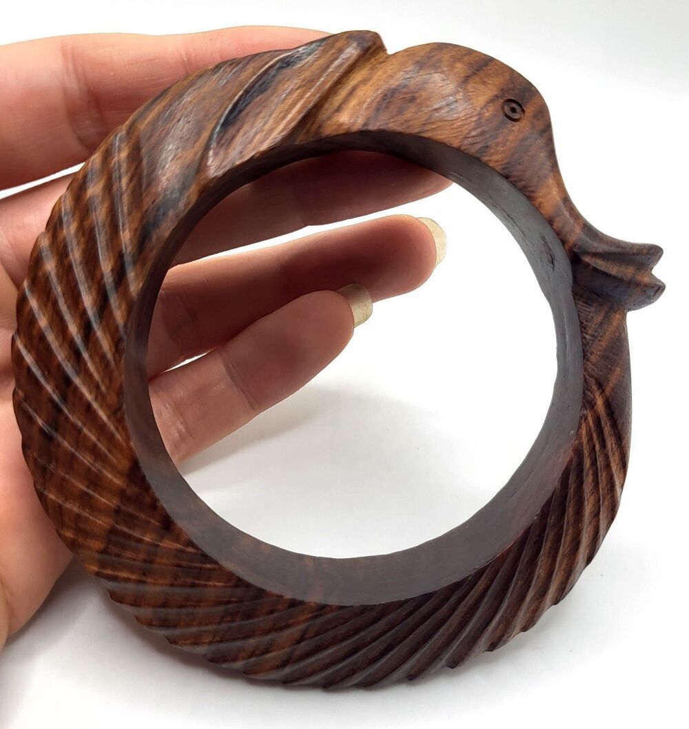 Chunky Wooden Carved Animal Bangle Bracelet 8in